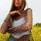 Bead and Pearl Embellished Long Sleeves Mesh Top