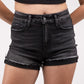 Washed Black Cuffed Raw Hem Denim Shorts